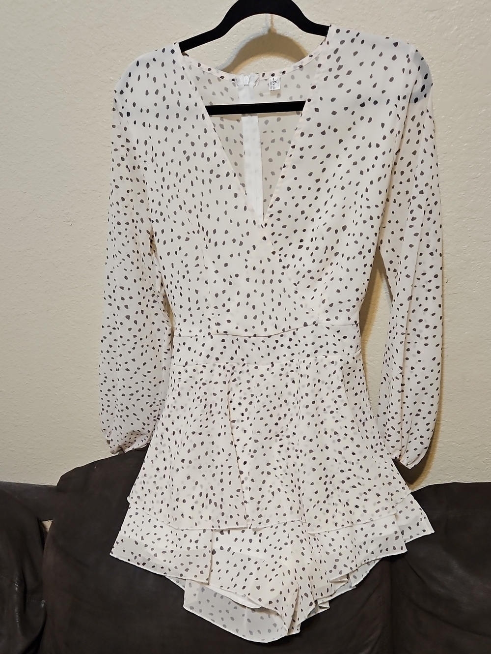 Cream Polka-Dot Wrap Romper with Tiered Skirt